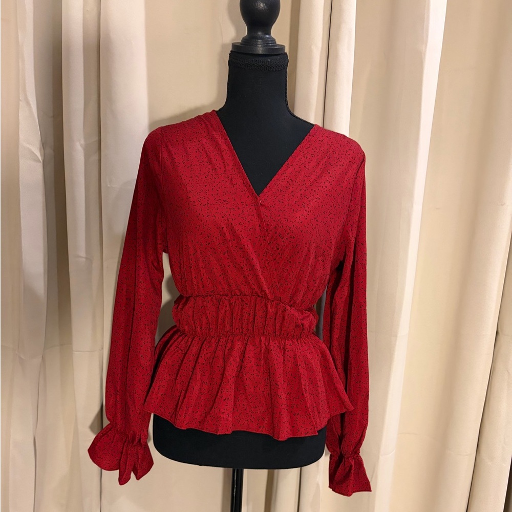 SHEIN Red V-Neck Blouse with Peplum